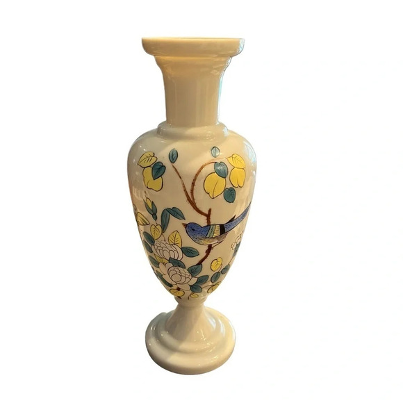 Antique Bristol Glass Victorian Gray Hand Painted Vase Bird Flowers Butterfly - Picture 10 of 10